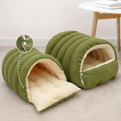 Vista 3 de Carpa acogedora de felpa para gatos, cueva cerrada cálida para gatos y Verde
