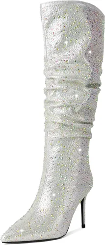 Vista 4 de Zamikoo Slouchy High Heel Boots for Women, Knee High Stiletto Heel Boots, Pointed Toe Slouch Stretch Tall Boots Pull On 3.5 Inches