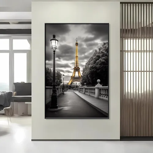 Vista 2 de Arte de pared en lienzo de la Torre Eiffel dorada, decoración de la Torre Eiffel, lienzo de la Torre Eiffel en blanco y negro, decoración de pared