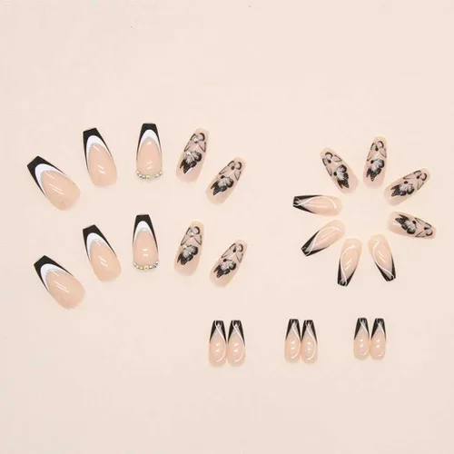 Vista 3 de Foccna Uñas postizas a presión negras francesas medianas, uñas postizas de mariposa, uñas postizas acrílicas de ataúd nude, uñas artificiales