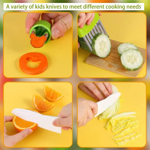 Vista 4 de Juego de cuchillos para niños, juego de cuchillos seguros para niños pequeños, cuchillos seguros para cocina real, bordes dentados, utensilios