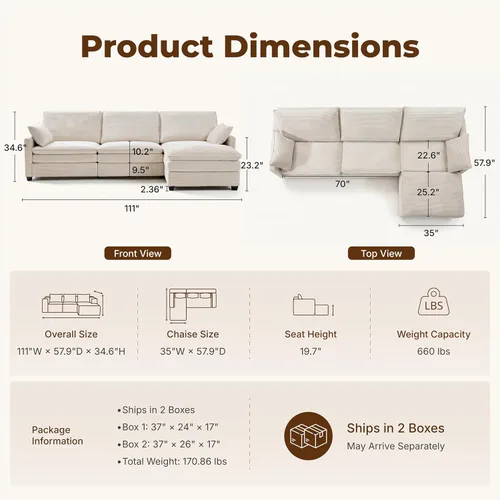 Vista 2 de Sofá modular en forma de L de 111.4 pulgadas con otomana Beige