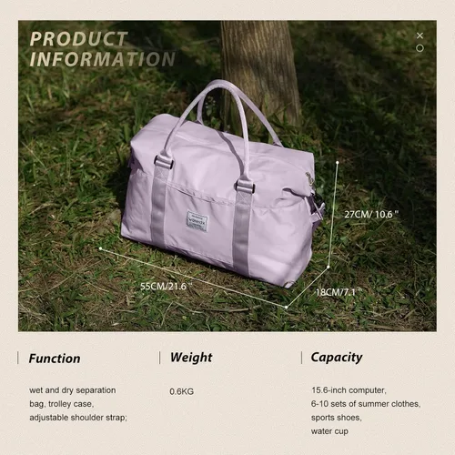 Vista 5 de Bolsa de gimnasio para mujer con compartimento para zapatos, bolsa de lona de viaje, bolsa de deporte para gimnasio, F5-Púrpura Claro, Bolsa de viaje