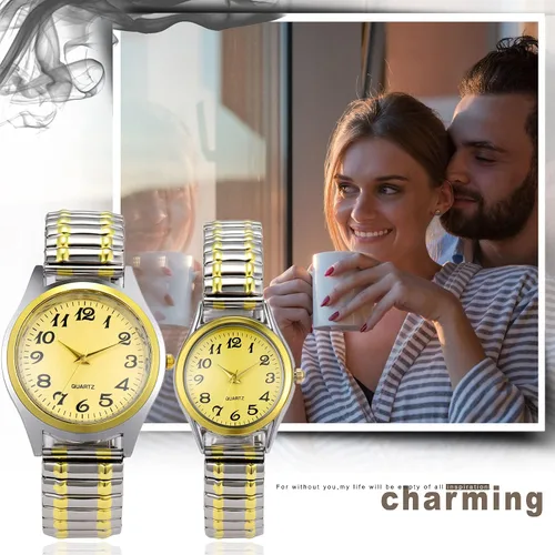 Vista 6 de Lancardo Reloj de banda elástica para mujer cuarzo fácil de leer número arábigo esfera redonda banda elástica reloj de pulsera plata oro