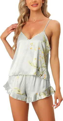 Vista 6 de cheibear Pijamas de satén para mujer, camisola floral con pantalones cortos con volantes 2023 Negro