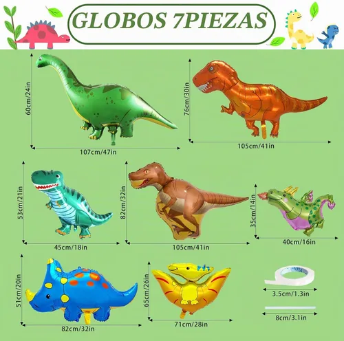 Vista 2 de 7 globos de aluminio de dinosaurio, decoraciones de cumpleaños de dinosaurio de 46 pulgadas, globos grandes de Mylar de dinosaurio de helio