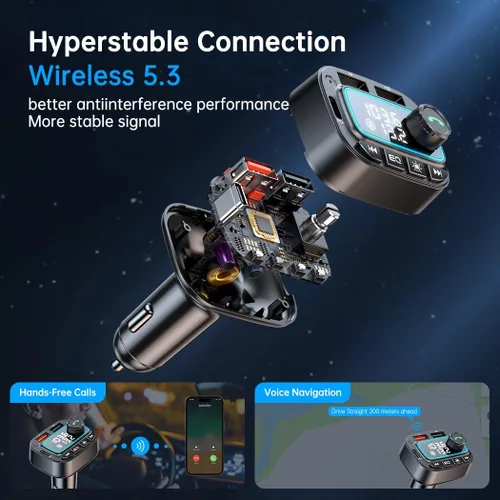 Vista 6 de Adaptador de coche Bluetooth 5.3 Transmisor FM, 42 W (PD30W y 12 W), cargador de coche USB C, receptor de radio inalámbrico, llamadas manos libres