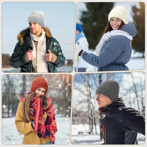 Vista 5 de FXIONA Gorro de punto para mujer, gorro de invierno para mujer, suave, elástico, cálido, con puños, para esquí, patinaje