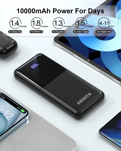 Vista 3 de Cargador portátil Power Bank de 10000 mAh PD 22.5 W, pantalla LED y entrada USB-C, artículos esenciales de viaje, compatible con teléfonos Negro