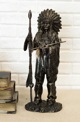 Vista 6 de Ebros nativo americano indio guerrero tribal jefe con tocado de batalla sosteniendo lanza y estatua de pipa Chalumet como decoración del hogar