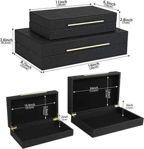 Vista 2 de HofferRuffer Juego de 2 cajas decorativas de piel sintética, organizador de accesorios grande de recuerdos, organizador de joyas con tapa con Negro