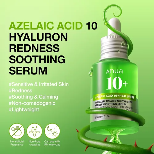 Vista 3 de Anua Suero Facial de Ácido Azelaico 10% Hialurónico en Rojo Tranquilizante, Suero Facial para Piel Sensible y Problemática, Brotes, Ácido