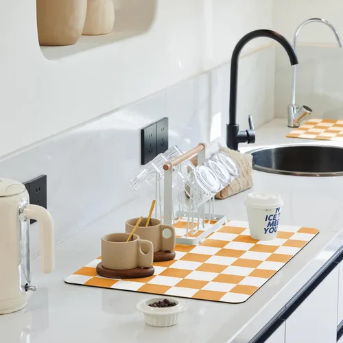 Vista 13 de Ohocut Tapete de secado de platos a cuadros para encimera de cocina, accesorios de estación de cafetería, estética, retro, moderna, absorbente
