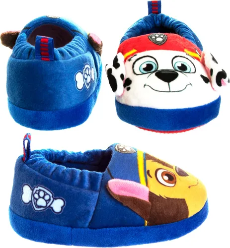 Vista 3 de Nickelodeon Paw Patrol and Sponge Bob Squarepants Zapatos de casa Chase y Marshall para niños pequeños Zapatillas de casa de felpa, ligeras