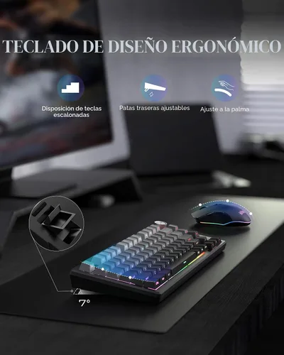 Vista 9 de RedThunder K75 Combo de teclado y mouse inalámbricos, teclado de membrana grabado lateral del 75%, mouse óptico para juegos con 4800 DPI, 3 modos