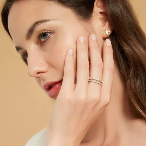 Vista 4 de Mameloly Alianzas de boda para mujer, delicadas circonitas cúbicas de media eternidad, apilables, refuerzo de compromiso, doble anillo tamaño 4-12