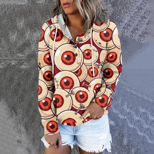 Vista 4 de Sudaderas con capucha de Halloween para mujer, clásicas, de manga larga, con estampado de calabaza, con bolsillos