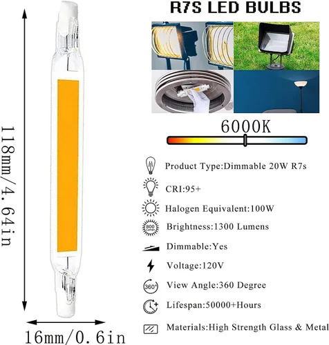 Vista 6 de R7s - 2 bombillas LED de 20 W, regulables, luz COB de 200 W, bombillas halógenas equivalentes a súper brillo, luces LED de doble extremo