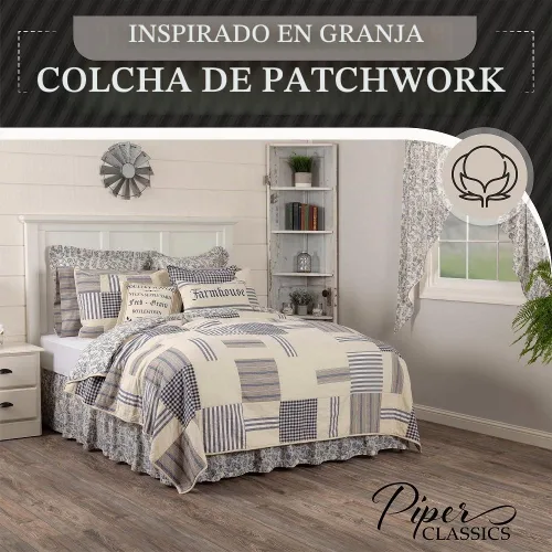 Vista 3 de Doylestown - Edredón de retazos y flores, 100% algodón, reversible, con cuadros de guingán, saco de grano y rayas azules para decoración