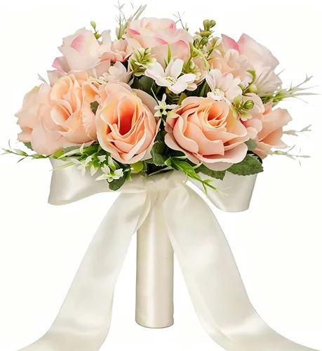 Vista 13 de CYANLUX Ramos de Bodas para Novia y Dama de Honor, Ramos de Champán, Rosas Artificiales Blancas para Bodas, San Valentín, Iglesia, Decoración