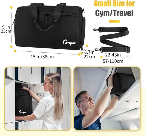 Vista 2 de Gryme Bolsa de gimnasio pequeña de 15 pulgadas con compartimento para zapatos y bolsillo húmedo, mini bolsa de lona para hombres y mujeres, pequeña