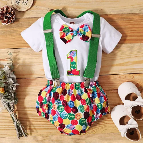 Vista 21 de IDOPIP Traje formal para bebé niño para el primer cumpleaños de Cake Smash con corbatín y tirantes y pantalones cortos para sesión de fotos