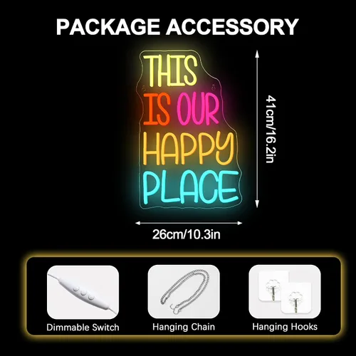 Vista 5 de NOSUN Letrero de neón con texto en inglés «This is Our Happy Place» para decoración de pared, letras coloridas y alegres, luces LED de neón con USB
