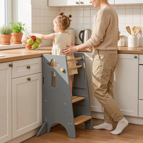 Vista 12 de COSYLAND - Taburete de pie para niños ajustables en altura - Taburete de cocina para niños súper estable con panel protector - Taburete de cocina