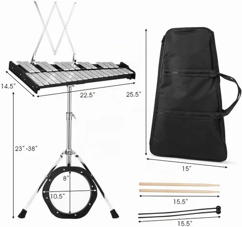 Vista 6 de Giantex Kit de Campanas de Percusión Glockenspiel de 30 Notas, Xilófono con Marco de Altura Ajustable, Atril Musical, Almohadilla de Práctica de 20