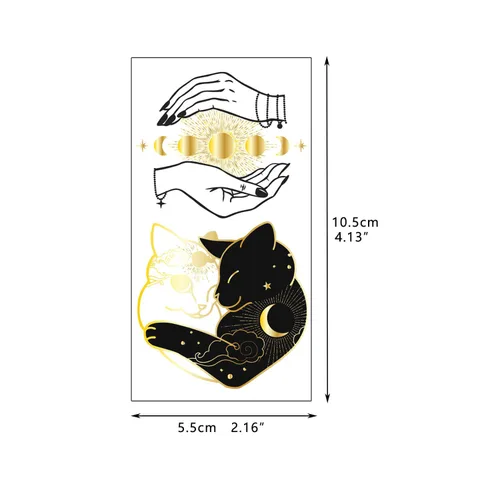 Vista 4 de 9 hojas de tatuajes temporales pequeños, color negro, calcomanías de tatuaje de cara para hombres y mujeres, dorado metálico, flor espacial, luna