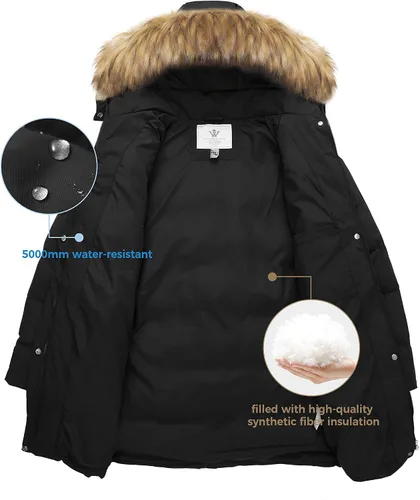 Vista 5 de WenVen - Abrigo de invierno acolchado para mujer, chaqueta cálida con capucha desmontable de pelo sintético