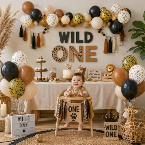 Vista 4 de Globos con estampado de guepardo para decoraciones de cumpleaños, 30 cm, globos de látex con estampado de leopardo en colores negro, marrón