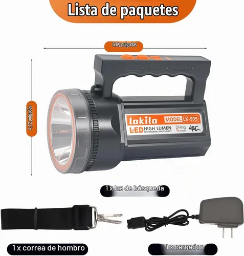 Vista 7 de Linterna de buceo recargable con pantalla de alimentación, IP68 impermeable y sumergible, interruptor doble, 4 modos, reflector LED portátil