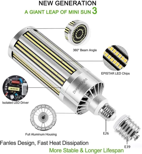 Vista 2 de DragonLight Bombilla LED de Maíz de Grado Comercial de 100W sin Ventilador (Equivalente a 800 Vatios) E26/E39 Lámpara LED de Base Mogul Grande 5000K