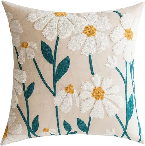 Vista 21 de vctops Funda de almohada decorativa de lino con bordado floral bohemio para sofá, cama (margarita, 18 x 18 pulgadas)