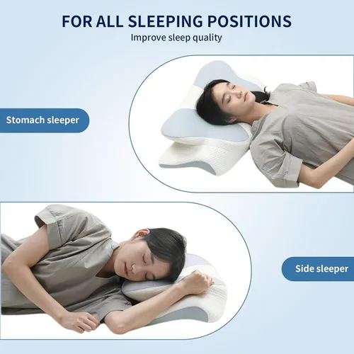 Vista 5 de Almohada ergonómica de espuma viscoelástica contorneada con tecnología de enfriamiento, diseño de soporte cervical (azul y blanco)