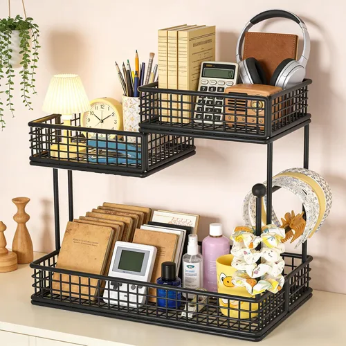 Vista 4 de Organizador de maquillaje para tocador, organizador de encimera de baño de metal de 3 niveles, soporte de almacenamiento para el cuidado de la piel