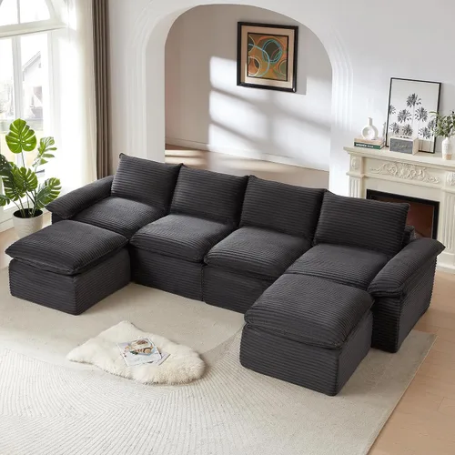 Vista 14 de Sofás modulares de 113.03 pulgadas para sala de estar, sofá modular moderno con sofás en forma de L, sofá tapizado de pana sin hueso, asiento Negro