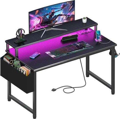 Vista 13 de Lufeiya Escritorio pequeño con tomas de corriente y luces LED, mesa de estudio de escritura para adolescentes de 32 pulgadas, escritorio para Negro
