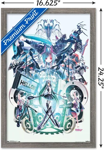 Vista 3 de Trends International Hatsune Miku - Póster de pared Hello, 14.725 x 22.375 pulgadas, versión con marco de madera tipo granero