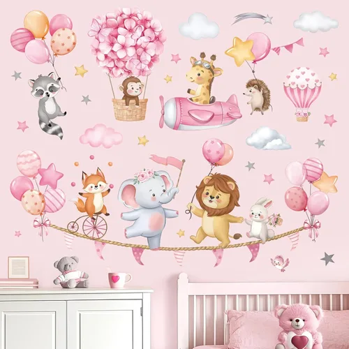 Vista 2 de Decalmile - Calcomanías de pared con diseño de elefante y globo de aire caliente, color rosa