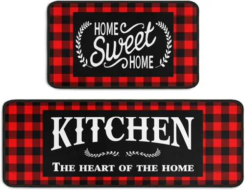 Vista 3 de Framhouse - Juego de 2 alfombras y tapetes de cocina, a cuadros negros y rojos, antideslizantes, para decoración del hogar, cocina, Navidad, 17 x 29