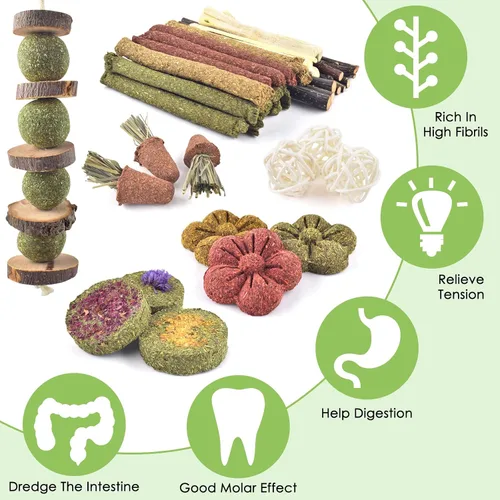 Vista 2 de ERKOON 42 juguetes masticables de conejo, pasteles de hierba de Timothy natural, juguetes de conejillo de indias, golosinas para moler dientes
