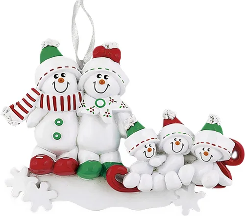 Vista 2 de Adorno personalizado con diseño de muñeco de nieve, familia de 5 integrantes, adorno para árbol de Navidad, decoración artesanal personalizada