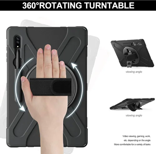 Vista 2 de Funda a prueba de golpes para Galaxy Tab S8 Ultra de 14.6 pulgadas 2022, funda resistente con cinturón de mano giratorio de 360°, correa de hombro