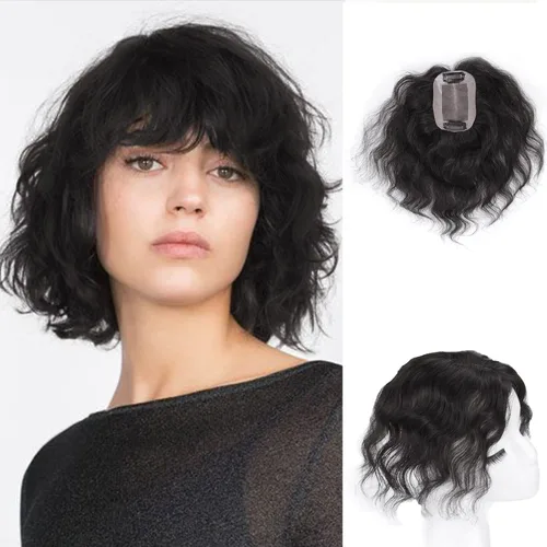 Vista 11 de Extensiones de cabello humano con base monofónica tejida a mano, 7 pulgadas, cabello ondulado corto, 2.8 x 3.9 in, parte libre, área pequeña De