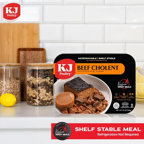 Vista 5 de KJ Poultry Comidas preparadas kosher – Chulent de carne y kugel, MRE comidas de carne listas para comer, comida de shabbos (paquete de 1) preparada