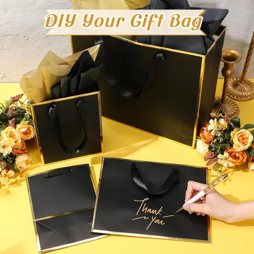 Vista 4 de Yeaqee 12 bolsas de regalo de papel metálico con asa, tamaño surtido, incluye 8, 10, 13 pulgadas, bolsa de regalo de agradecimiento de 5 sentidos