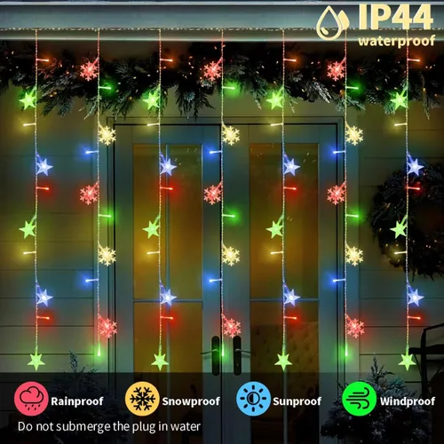 Vista 4 de Newhale Tira de luces de cortina de Navidad con 8 modos de luces con copo de nieve y estrella, luces de pared para decoración de Navidad