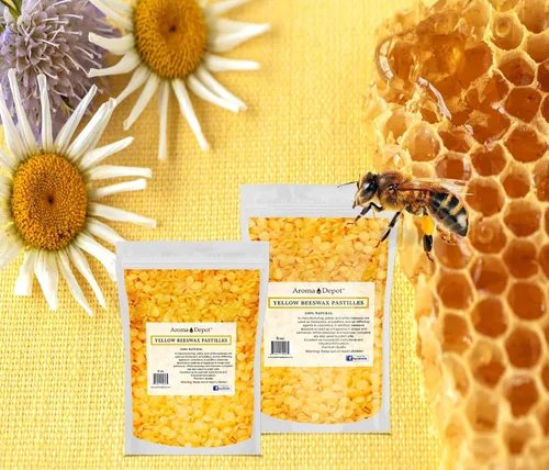 Vista 4 de Aroma Depot Pellets de cera de abeja amarilla de 4 onzas, 100% cera de abejas pura natural, 3 filtradas, ideal para piel, cara y cuerpo, ideal